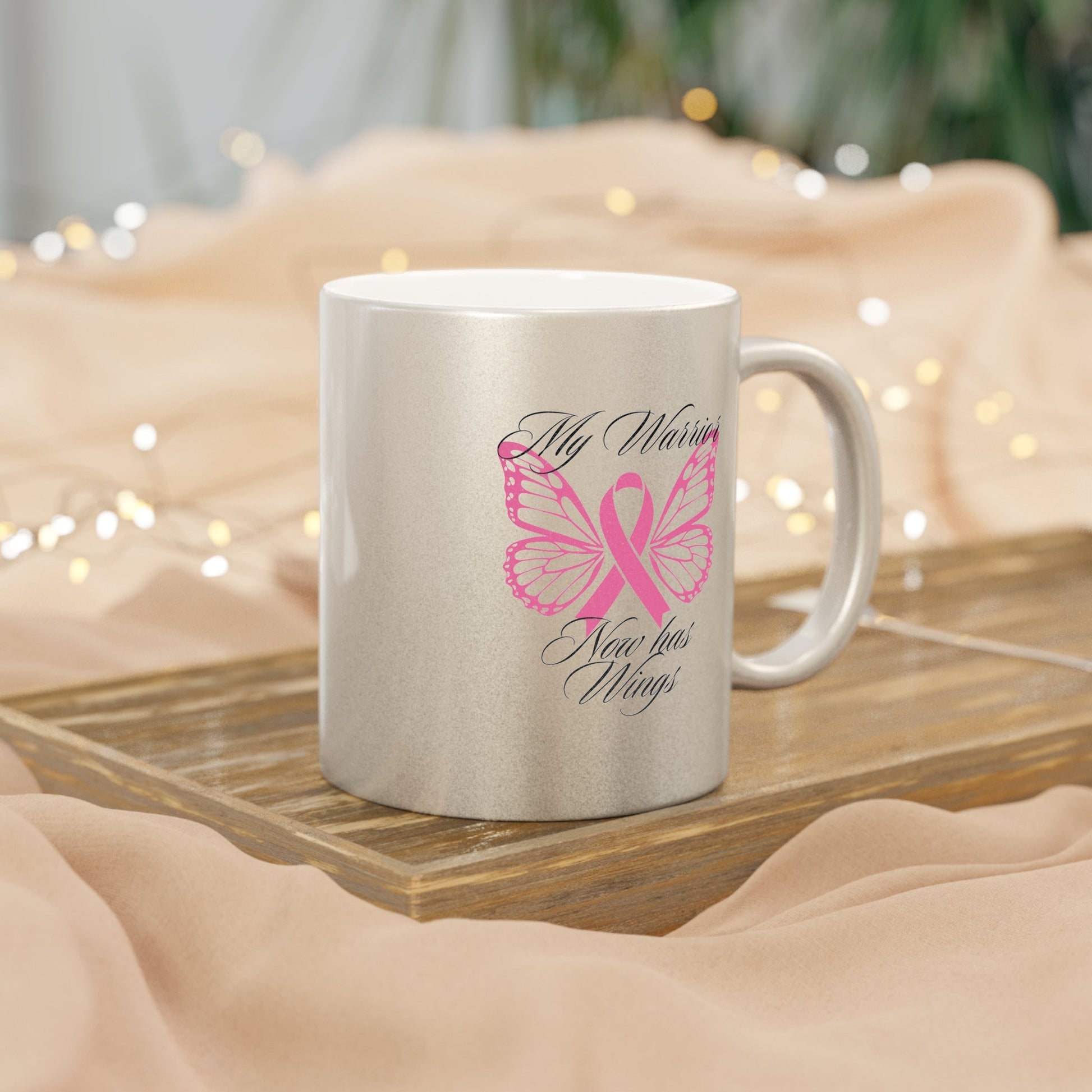 Metallic Mug - Butterfly Wings Pink Ribbon Breast Cancer Warrior